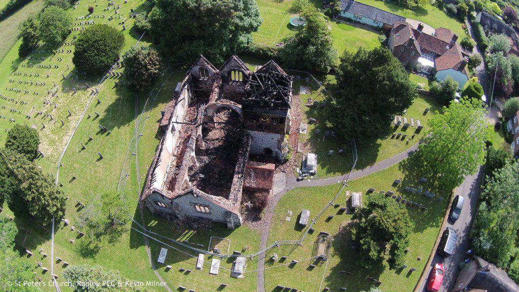 Wide angle drone image of the destruction at St Peter's Church, Ropley